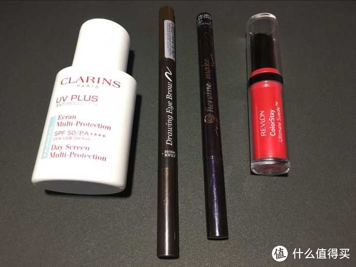 Clarins防晒，Etude House眉笔，Kiss Me眼线笔，Revlon口红