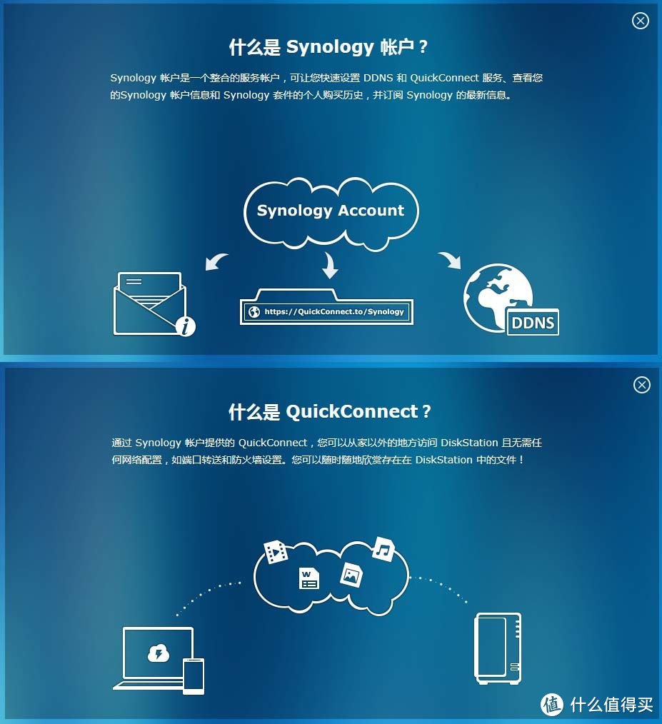 Synology账户和QuickConnect。其实不用理解，只要注册了就可以