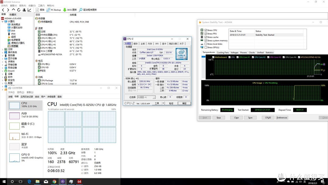 正常AIDA64烤鸡稳定75°，四核2.3Ghz，功耗13W