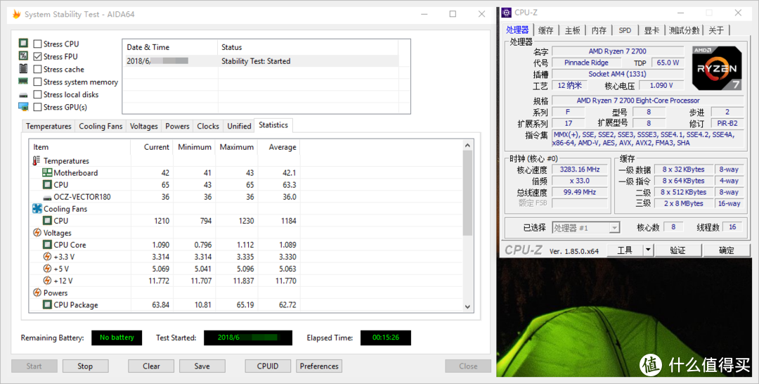 AIDA64 Stress FPU 选项测试成绩，同款散热器情况下：R7 2700的8核居然比R5 1600的6核还要低了10度，不得不说ZEN+的12nm工艺，对温度功耗控制越来越得心应手了。