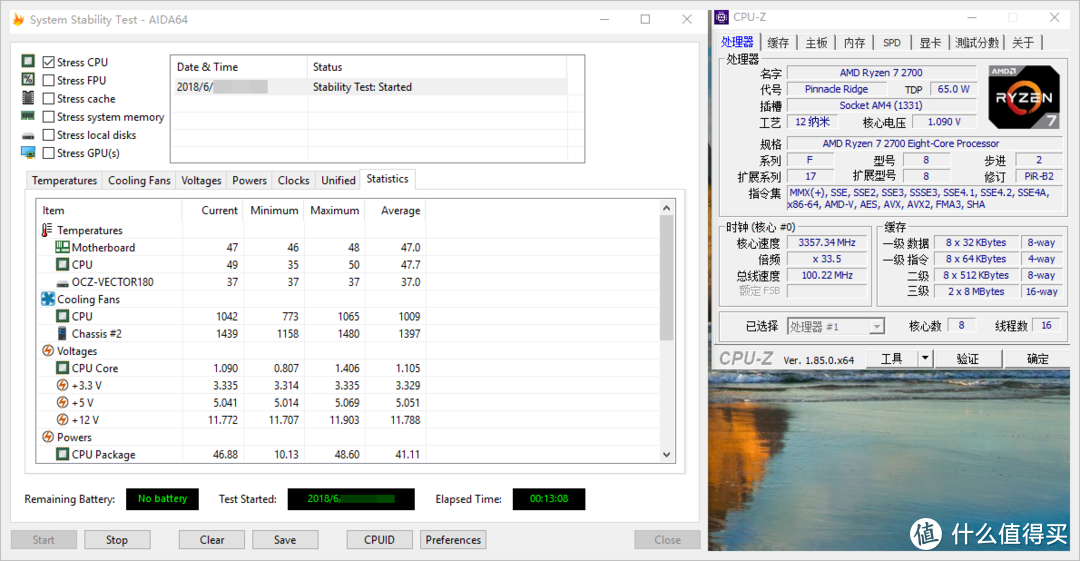 AIDA64 系统负载稳定性测试 Stress CPU 成绩：49度，前风扇才1040转速，后风扇1400+转速。4：1，Ryzen7 2700大势已去。