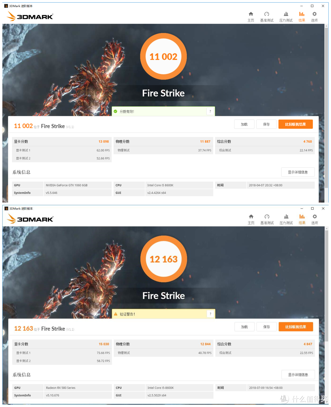 上图为GTX1066成绩，下图为RX588成绩,下同，Fire Strike成绩RX580领先GTX1066约10%。