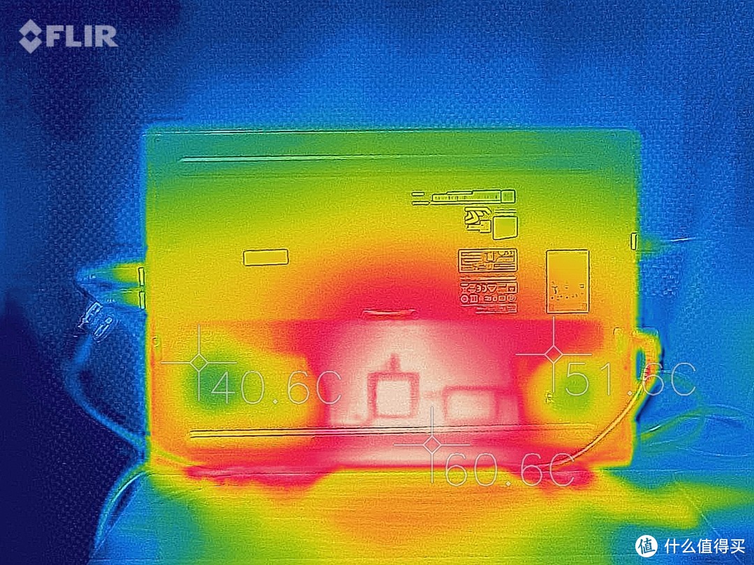 ▲ D面在烤机中的热量分布，可以明显看到CPU和GPU芯片区域发热量巨大，此时外壳温度60度+。