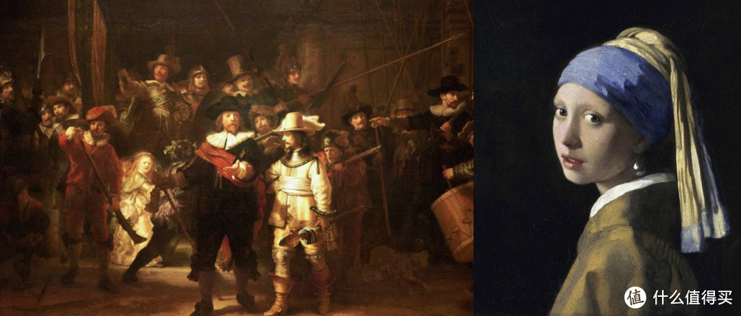 ▲ 左：伦勃朗代表作《夜巡》，藏于阿姆斯特丹国立博物馆。右：维米尔《戴珍珠耳环的少女》，藏于海牙莫瑞泰斯皇家美术馆。