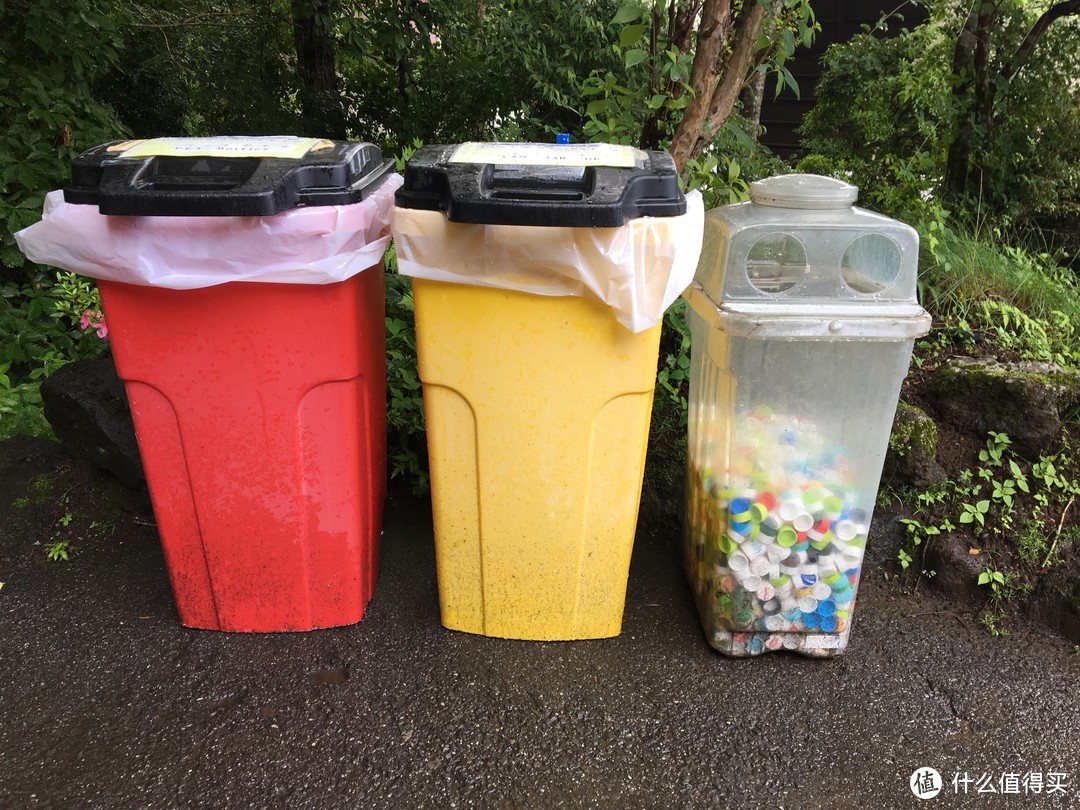 风穴门口的分类垃圾箱，塑料瓶和瓶盖属于两种垃圾，要分开丢弃