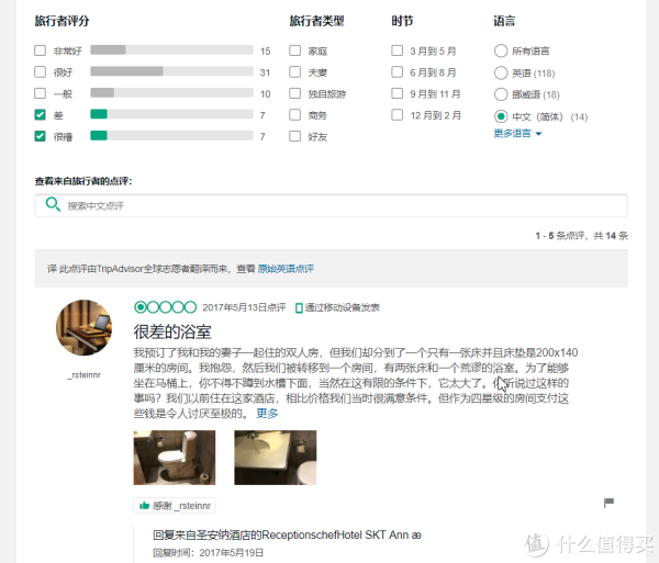 筛选一下1和2星的中文评价，感觉酒店的卫生间和卫生不是辣么的好。。看不过瘾还可以看看英文的差评