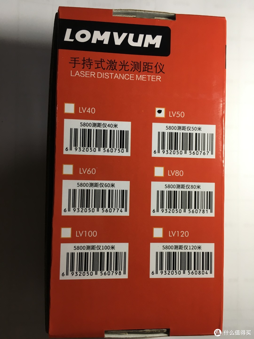 包装盒背面，测距长度从40米-120米，共6个型号