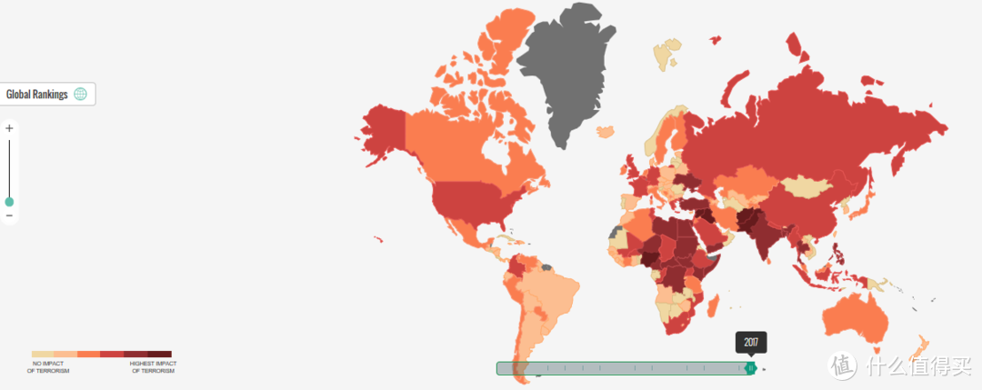 浅色为旅行影响很小的国家，深红色则是对旅行影响很严重国家，基本可以说是不安全的旅行目的地。中国和美国列在了同一层级，而相对而言的，阿拉斯加和美国大陆本土也是一个层级。还是有一定局限性的。