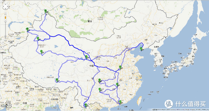 这是一张2013年标注的曾经到达过的目的地路线图，除了广州及大连，其他地区都是通过自驾完成的，5年过去了，又新增了不少目的地，有空再标注一下吧。唯独不变的是，江浙地带还是没有涉足（此次目的地连云港属于江苏，这是第一次进入江苏省）不是很喜欢繁华的城市，至今没去过苏杭沪。反而大西北地区已经刷了N遍