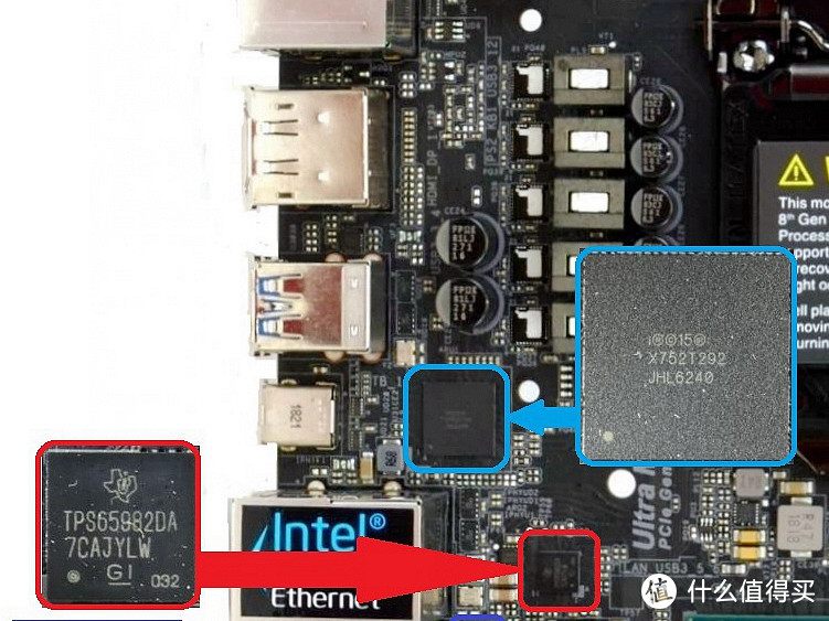 值得注意的是JHL6240是来自INTEL的入门级Thunderbolt 3芯片，低功耗单口1.2W，仅仅支持PCIE3.0X2，其实Z390的PCIE LANES是完全够上PCIE3.0X4的高阶Thunderbolt 3芯片。TPS659832 是来自TI的type-C控制芯片。