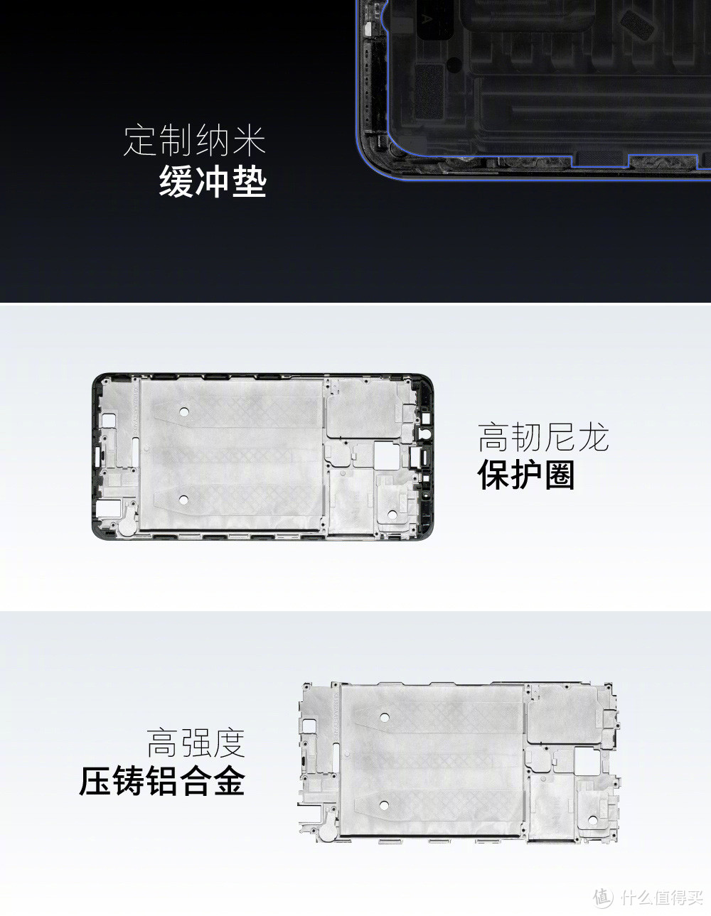 耐摔三大法宝：纳米缓冲垫、尼龙保护圈、压铸铝合金