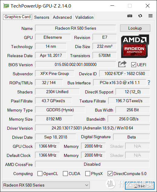 XFX 讯景 RX580 8G显卡黑狼版晒单