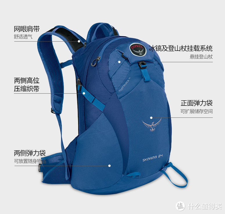 借官网的一张老图来介绍一下这款背包的细节，这是老版本的，可以从LOGO处看出来，包括登山杖的挂载、正面弹力袋和侧面弹力袋设计都很大方。