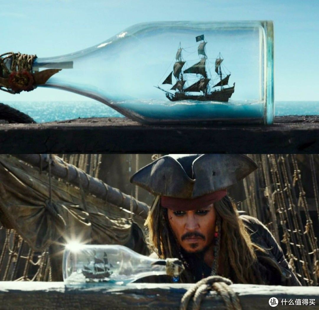 给我们印象比较深的瓶中船恐怕就是杰克船长的黑珍珠号了，在加勒比海盗第四集，它被黑胡子船长收到了玻璃酒瓶之中，“叫一声孙行者你敢答应么？...”