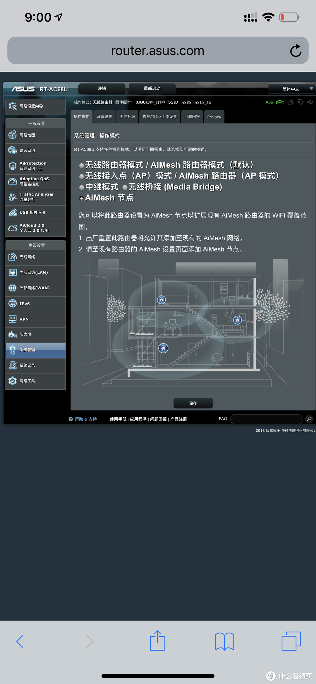 ▲再把68U设置成AiMesh节点模式。