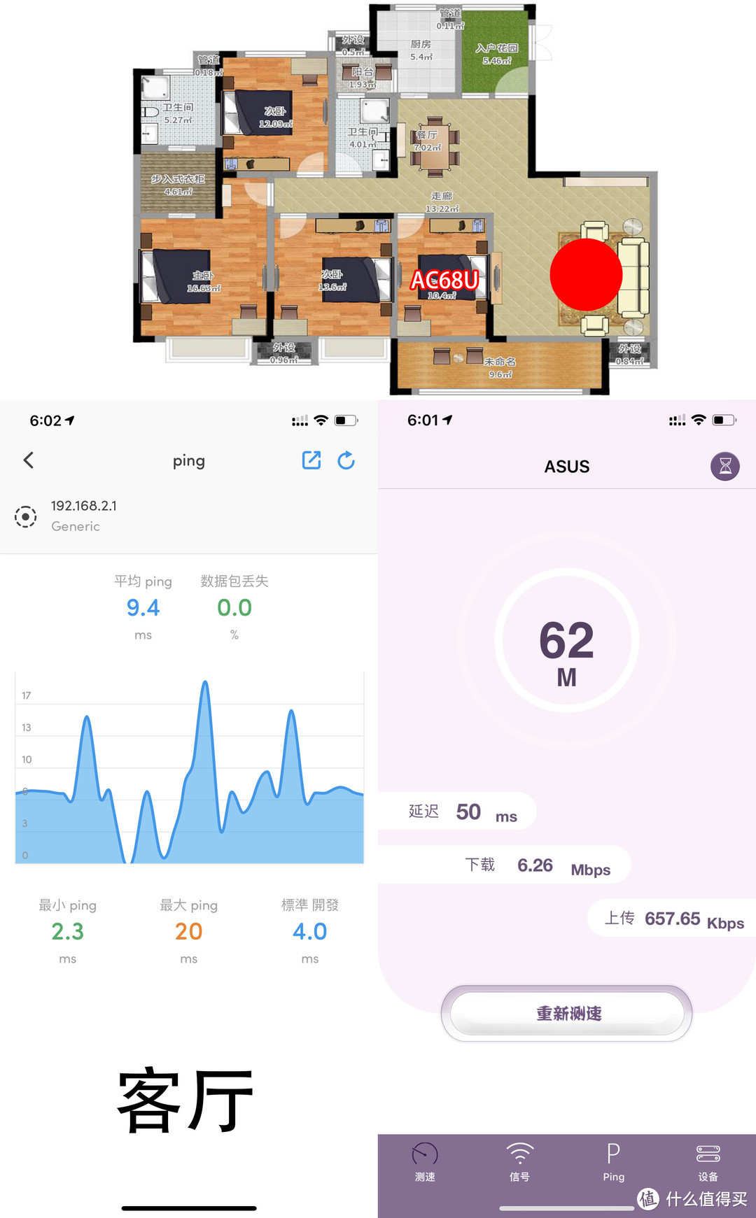 ▲我家里带宽是下行100m,上行4m。这是单独一台68U时在客厅的连接速度与ping值，连接的是2.4g信号，5G信号肯定是满100M了