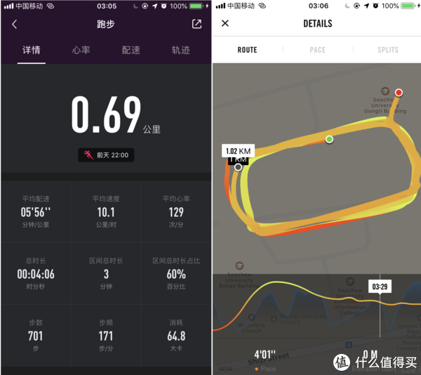Fig 14. 跑步记录，左侧为乐心手环无GPS，右侧为Nike + Running带GPS