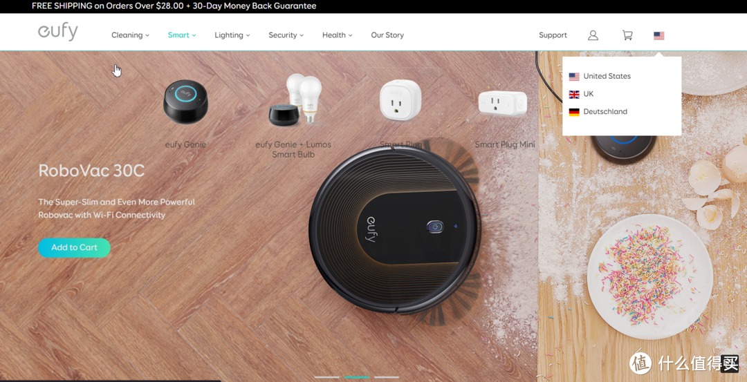 打开网页后可以看到eufy在美国推出很多的产品，扫地机器人、智能插座、摄像头、体重秤、榨汁机等等，是anker旗下靠谱的智能家居品牌无误，这款电动拖把是进入中国的第一个产品