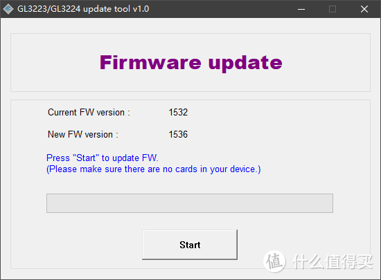 运行FWUpgradeTool.exe，可以看到读卡器本身固件版本为1532，新固件版本为1536，点击Start开始升级。注意：升级时读卡器上不要装有存储卡！