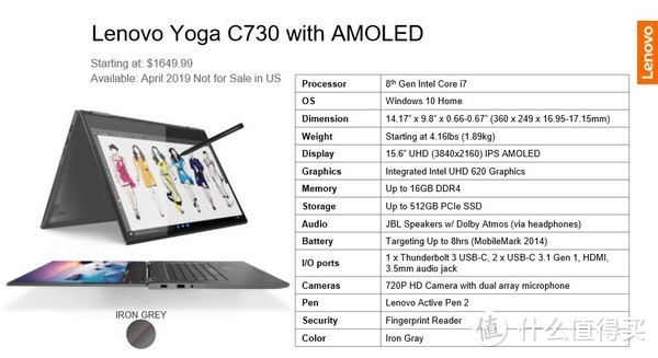 4K OLED屏幕：Lenovo 联想 发布 Yoga C730 变形本