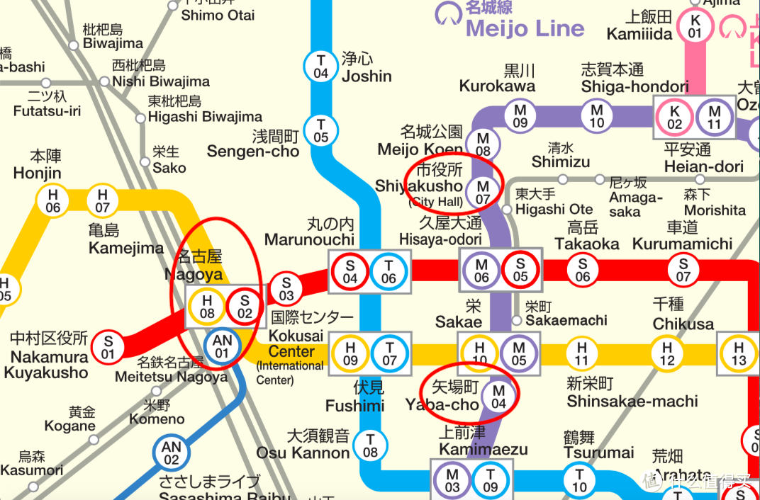 当日地铁路线图1：名古屋站—名古屋城（市役所站）— 矢场猪 矢场町本店（矢场町站）