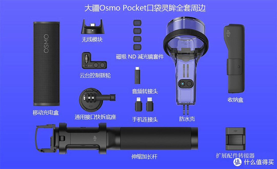 看看Osmo Pocket的配件群吧，这一套全配下来估计也有主体一半以上的价格了吧，目前就那个防水壳比较感兴趣。