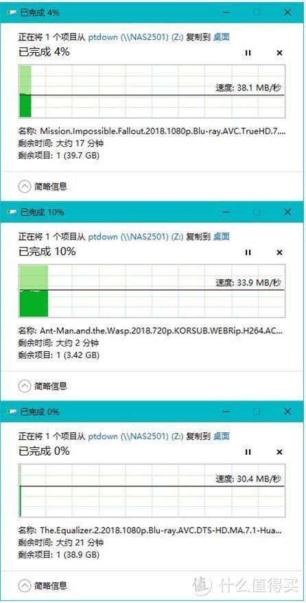 文件拷贝测试，使用地区分别设置为澳大利亚、美国、中国，稳定后的速度分别为38.1M/s、33.9M/s和30.4M/s，这个速度比TP-LINK的网卡低了一半还多，而且设置成中国后，文件复制到一半总是会假死，不知道是什么原因，所以只成功截到了一张图。