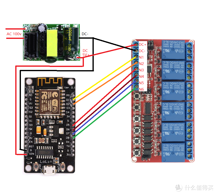连接方案，左上为电源模块，左下为NodeMCU开发板，右边是6路5V继电器板