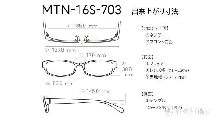 （日文）镜架的各项参数（来源：https://www.jins.com/jp/item/MTN-16S-703_58.html）