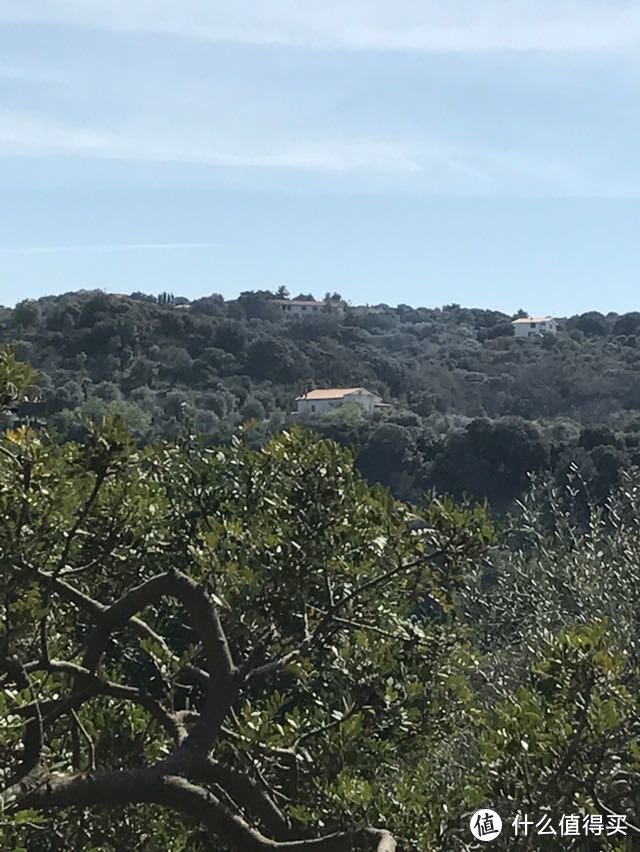 她家在半山腰上，远眺可以看到别人家的房子。