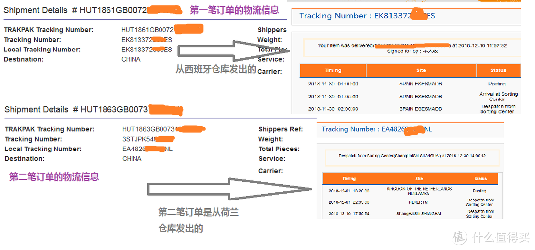 两次物流信息对比图