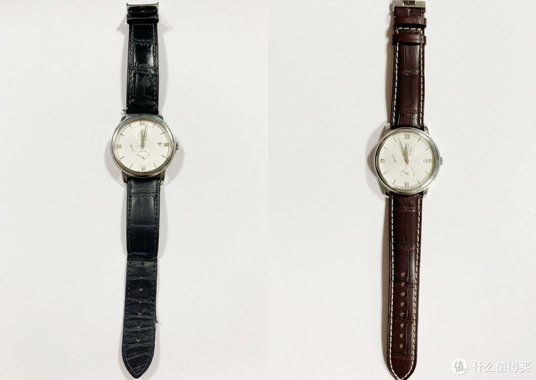左边原厂表带，右边积优表带，安装效果对比，积优表带配上欧米茄手表也能很高大上的感觉，瞬间换了新手表的既视感。