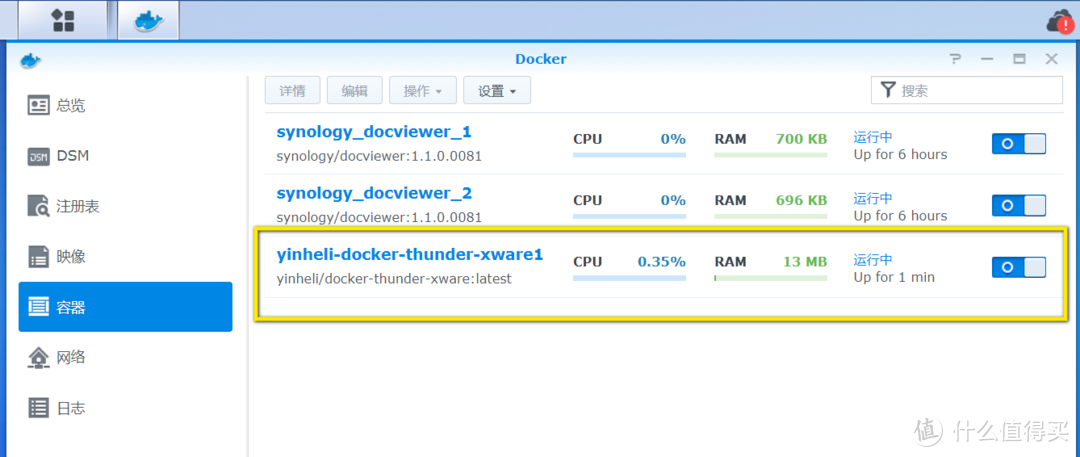 在Docker套件的容器页面，可以看到新增一个正在运行的容器