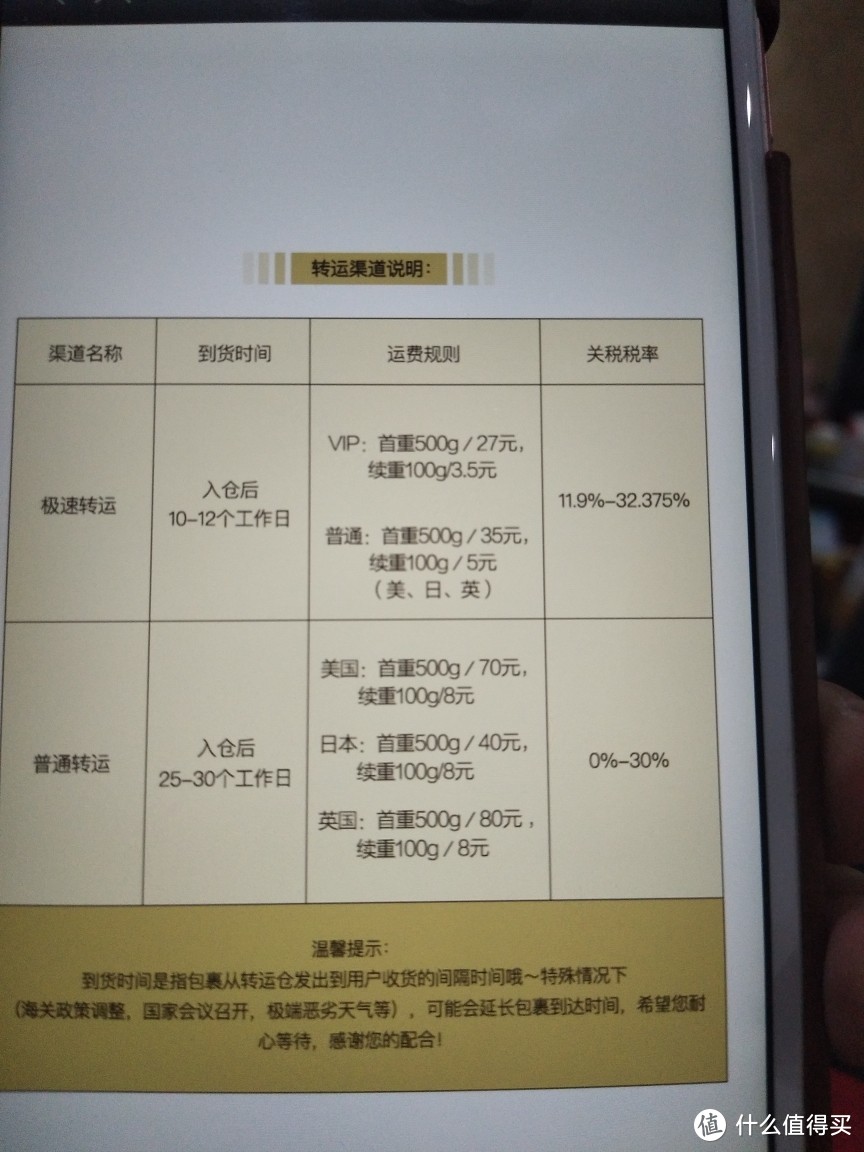 点击转运渠道说明后显示的说明，极速转运入库后10-12工作日