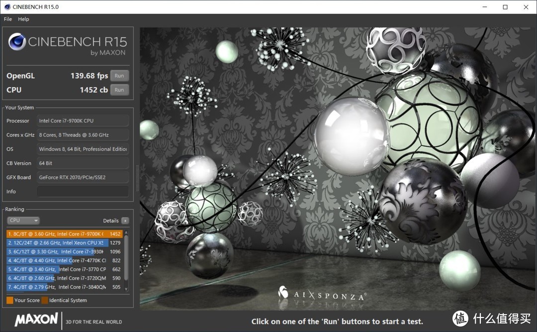 i7-9700K CINEBENCH R15 CPU跑分1452cb