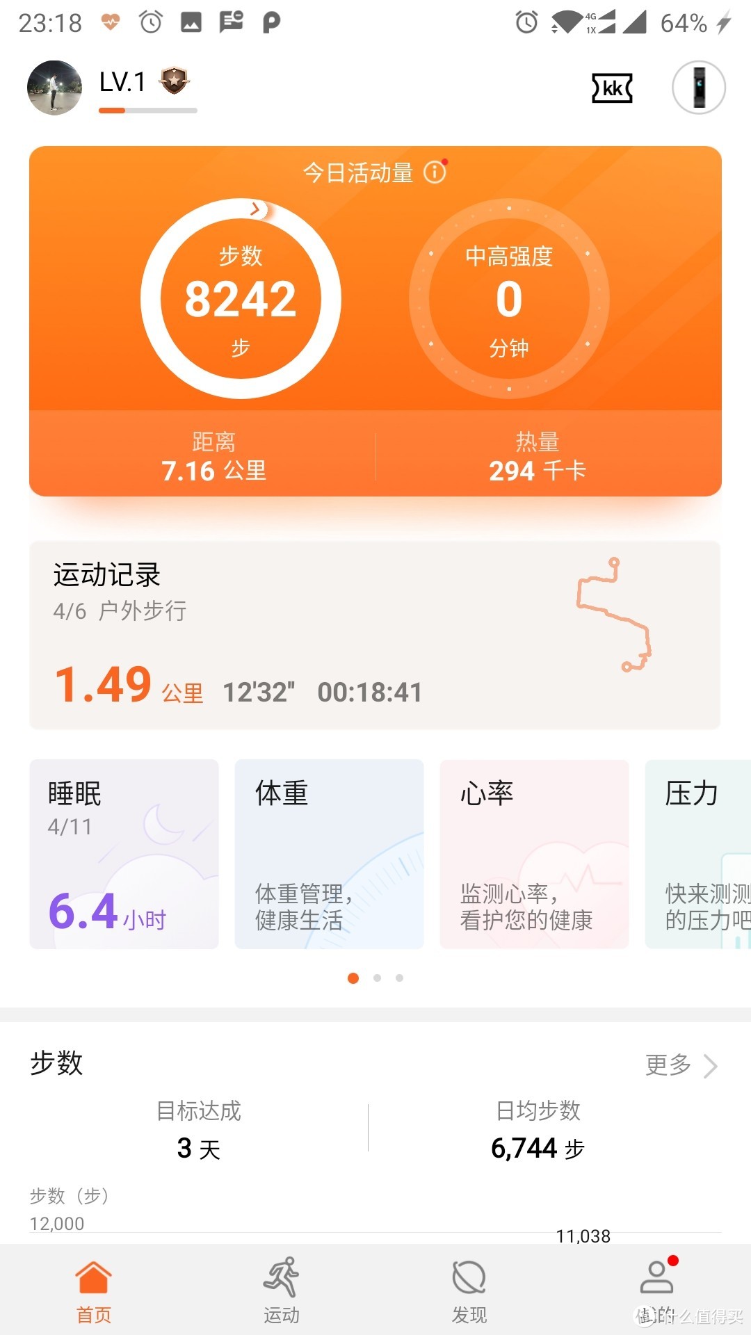 主页主要显示你今日的运动步数，还有上次的运动记录等。