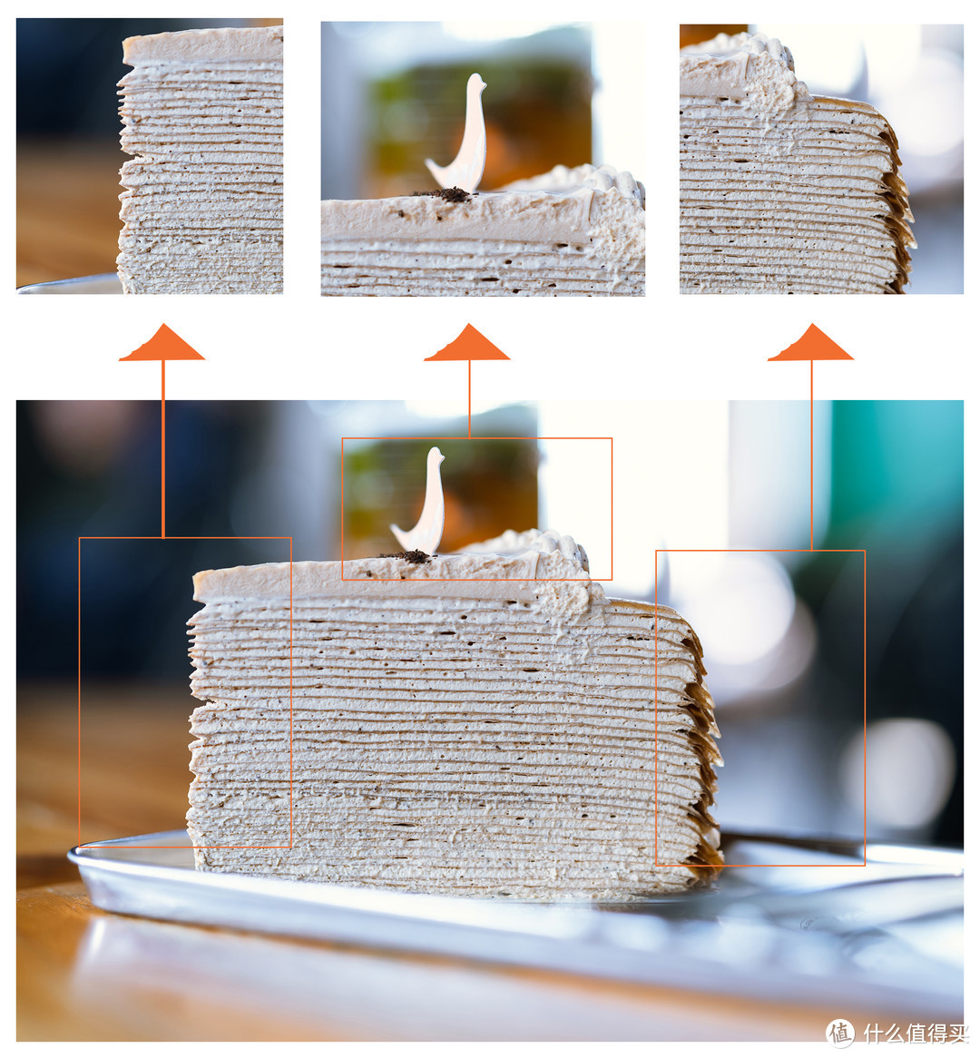 这是一张斜逆光，光圈1.4全开下拍摄的千层蛋糕，截取了边沿三个位置放大
