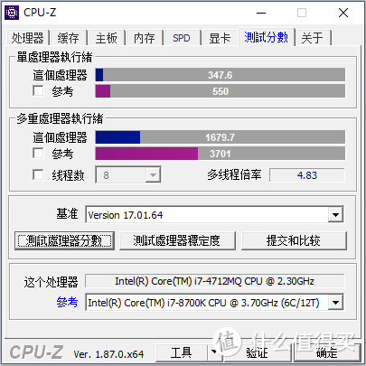 i7-4712MQ的CPU-Z测试分数（翻倍了！）