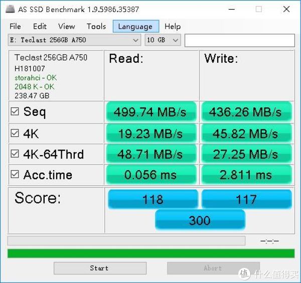 喜闻乐见的AS_SSD_Benchmark测量结果，设置10GB（最大只能10GB）时的成绩，即便如此，4K性能和延时的测试成绩都严重下降，总成绩也下降一半，仅仅300分。