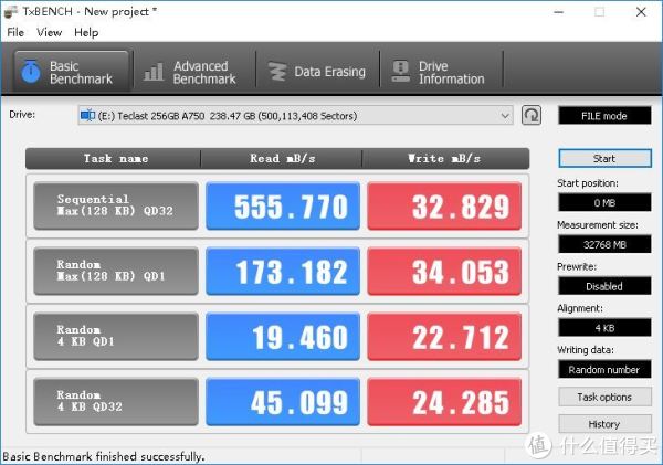TxBENCH的测量结果，最大32GB设置时的测试成绩，写入速度只有可怜的32MB/s，与先前已经是天壤之别。综合HDTUNE的测试结果，相信这个成绩更接近实际水平。