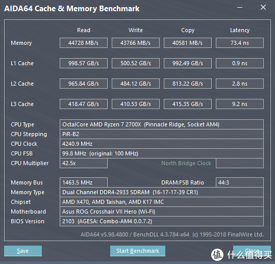 AMD Ryzen 7 2700X 标准最大内存频率 AIDA64内存与缓存测试（DDR4 2933）