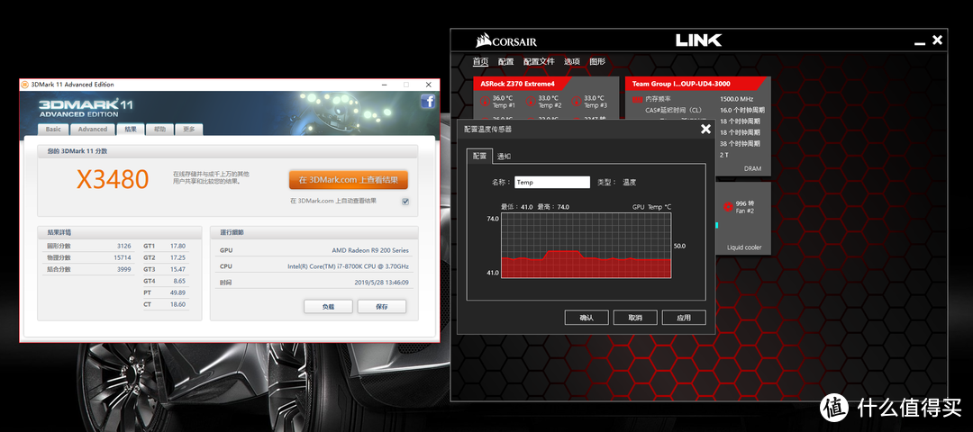 R9 280X 6GB 3DMark11得分3480，峰值温度74°C