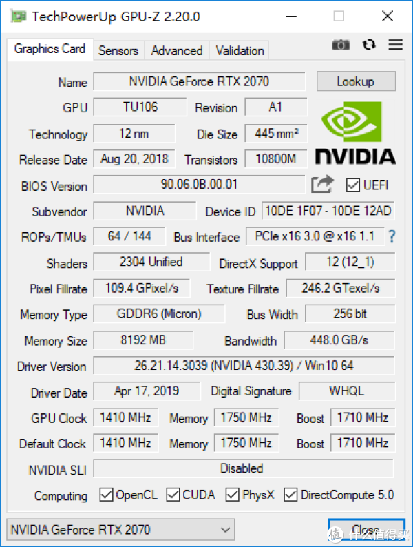 RTX 2070的详细规格，从核心、显存、带宽到主频