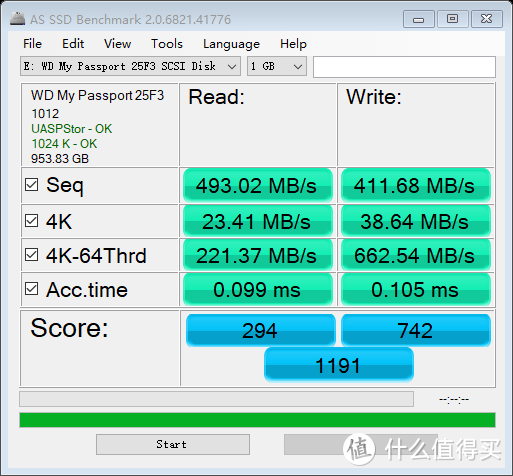 AS SSD Benchmark得分1191跟不少SATA SSD差不多，不过这个持续读写速度怎么没到500