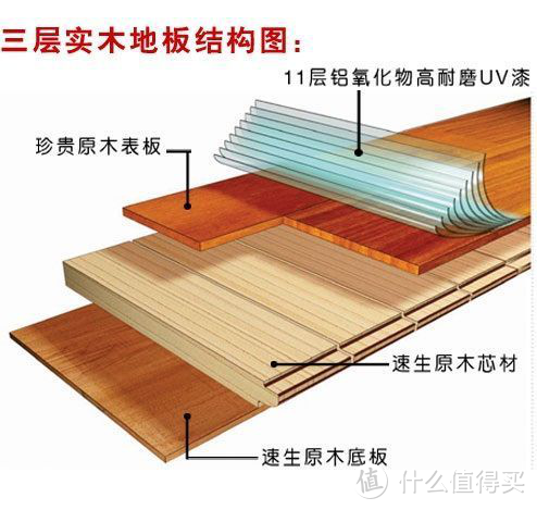 三层天然实木纵横交错粘接而成