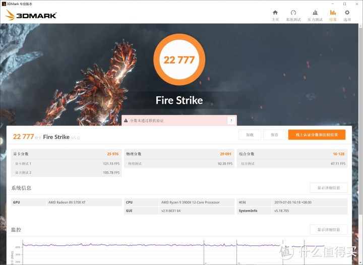 Ryzen 3900X+RX5700XT平台Fire Strike测试