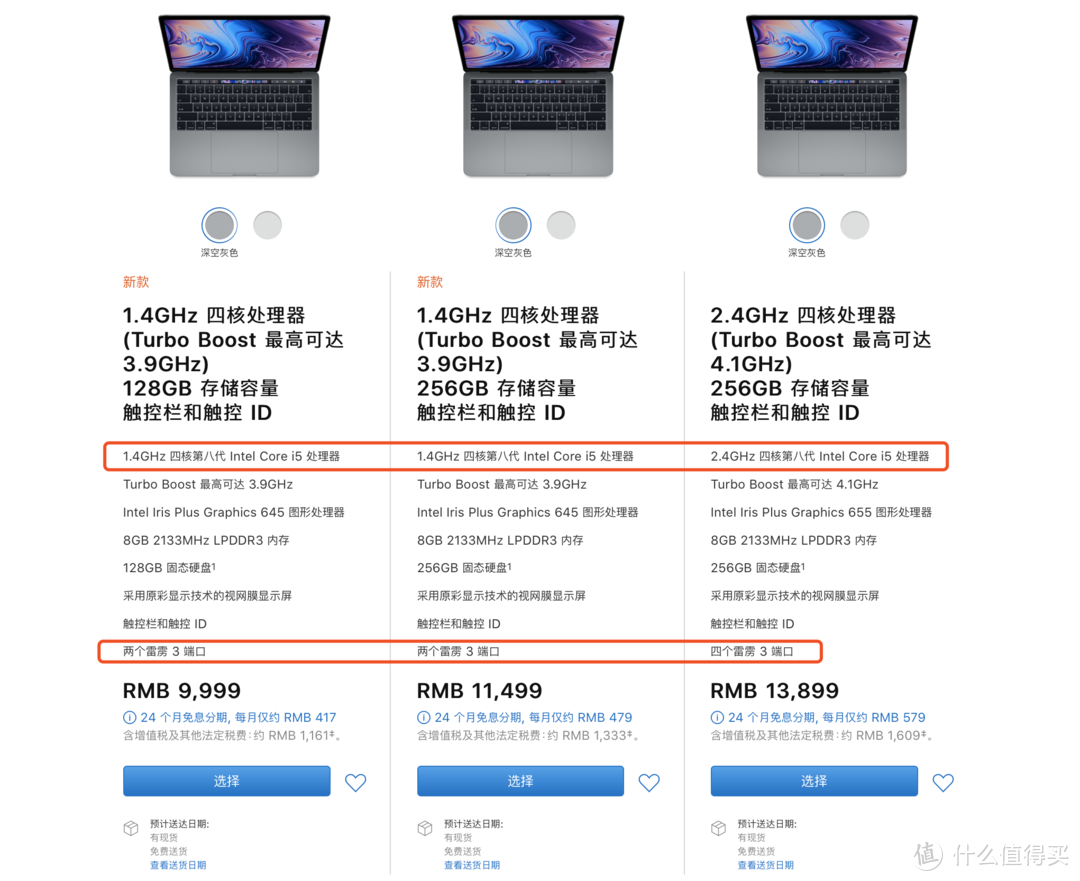 苹果官网目前售卖的MacBook Pro可以看处理器主频和雷电接口数量来区分入门款和标准款
