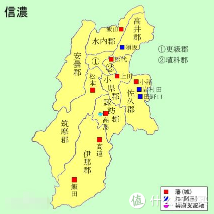 信浓国地图，俗称信州。现位于长野县。真田家势力主要在信州的小县郡。图片来自百度百科