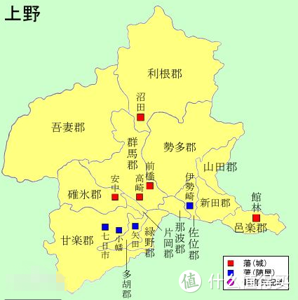 沼田城在地图上有标注，岩柜城在沼田以西，更临近信州小县郡，这两城都属于上州地界。图片来自百度百科。