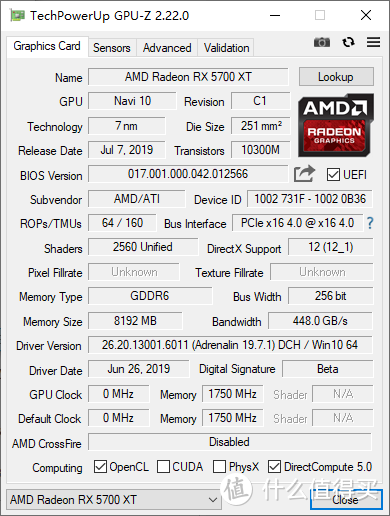 公版 RX 5700 XT 8GB GPUz信息